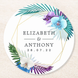 Geometrische tropische Orchideen Strandhochzeit Runder Pappuntersetzer