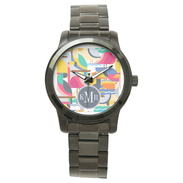 Geometrische tropische Vögel | Monogramm Armbanduhr (Vorderseite)