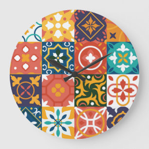 Geometrische Vintage-Fliesen verziertes Muster Große Wanduhr