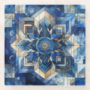 Geometrische Wasserfarbe für Blume aus blau gestan Glasuntersetzer
