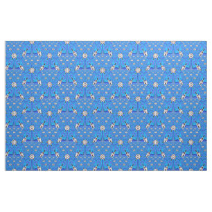 geometrische weiße Blume mit 6 Punkten auf blau Stoff