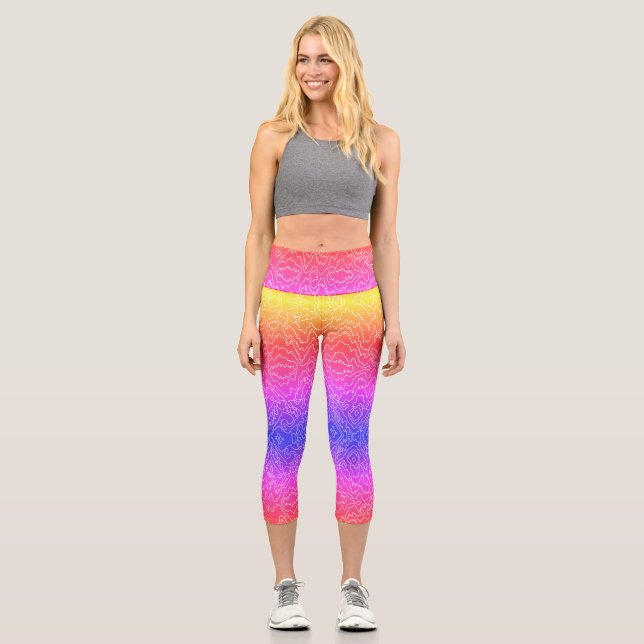 Geometrische weiße Curvy-Linien auf blau Capri Leggings (Vorderseite)