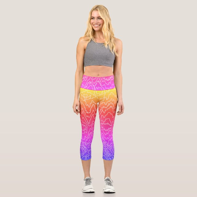 Geometrische weiße Curvy-Linien auf blau Capri Leggings (Vorderseite)