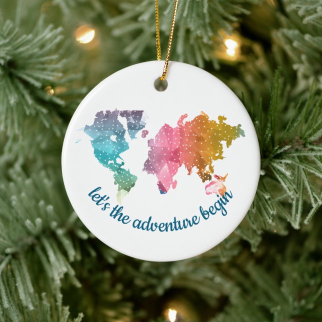 Geometrische Weltkarte "Lass's the Adventure Begin Keramik Ornament (Baum)