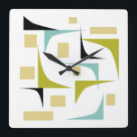 Geometrische Winkel des Atomzeitalters Mitte des J Quadratische Wanduhr<br><div class="desc">Mit dieser trendigen,  modernen Uhr aus der Mitte des 20. Jahrhunderts können Sie Ihren Wänden einen farbenfrohen Pop verleihen! Es zeichnet sich durch die lustigen Farben Aquablau,  Avocado grün,  gelb und schwarz geometrischen Formen aus.</div>