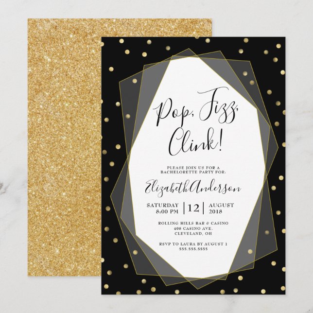 Geometrischer Black Gold Confetti-Junggeselinnen-A Einladung (Vorne/Hinten)