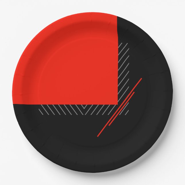 geometrischer Druck in Rot, Schwarz und Weiß Pappteller (Vorderseite)