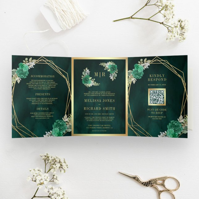 Geometrischer Emerald Green Floral QR Code Wedding Dreifach Gefaltete Einladung (Von Creator hochgeladen)