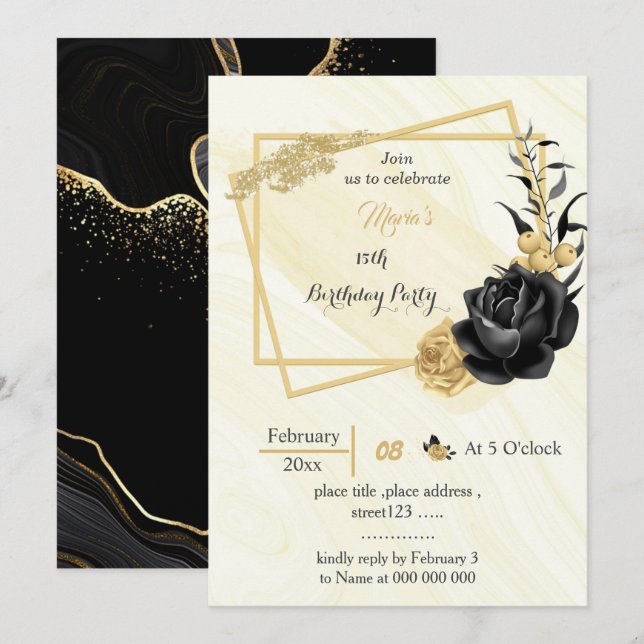geometrischer Geburtstag der Blume Gold und Schwar Einladung (Vorne/Hinten)