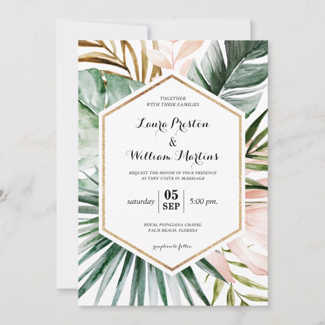 Geometrischer Glitzer-Rahmen-Hochzeiten von tropis Einladung (Vorderseite)