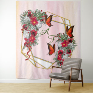 Geometrischer Gold-Glitter-Rahmen & Burgunder-Blum Wandteppich