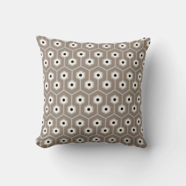 Geometrischer Hexagon-Mustertaupe-graue schwarze Kissen (Vorderseite)