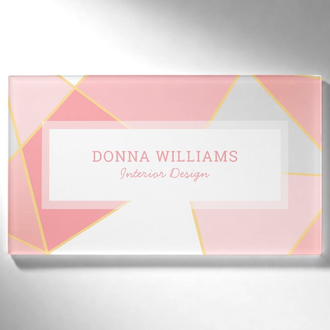 Geometrischer Hintergrund Rosa Weiß & Gold Namenschild (Vorderseite)