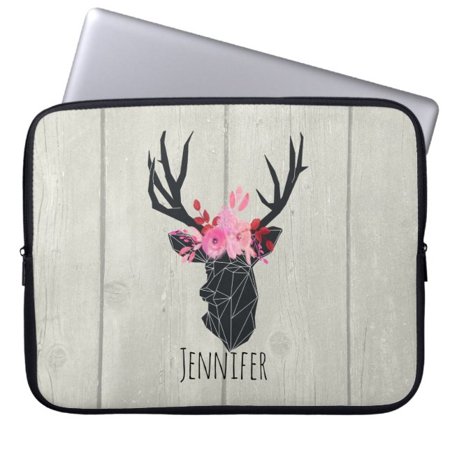 Geometrischer Hirschkopf mit Blumenkronen auf Fake Laptopschutzhülle (Vorderseite)