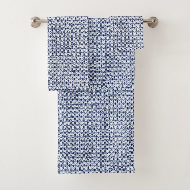 Geometrischer Itajime Shibori blauer Badhandtuch Set (Insitu)