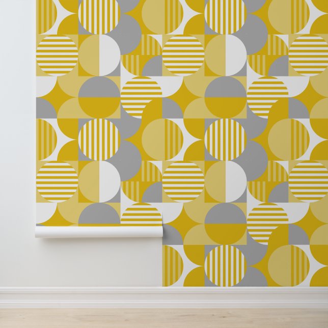Geometrischer moderner Bauhausstil, Gelb und Grau Tapete (Anwendung)