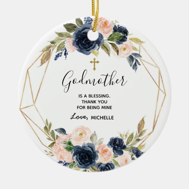 Geometrischer Navy Blush Floral Godmutterpfeife Keramik Ornament (Vorne)