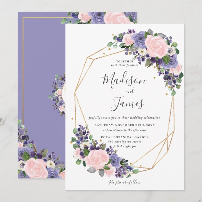 Geometrischer Rahmen für die Blush-Blues-Hochzeit Einladung (Vorne/Hinten)