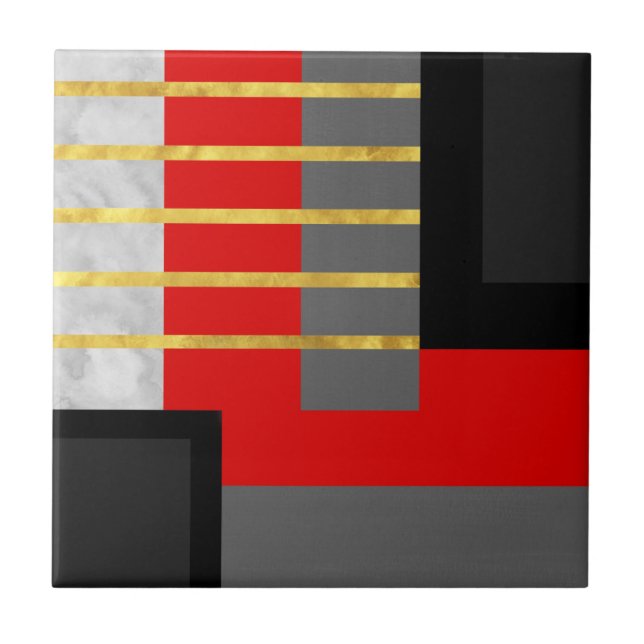 Geometrischer roter schwarzer goldener Block Fliese (Vorderseite)