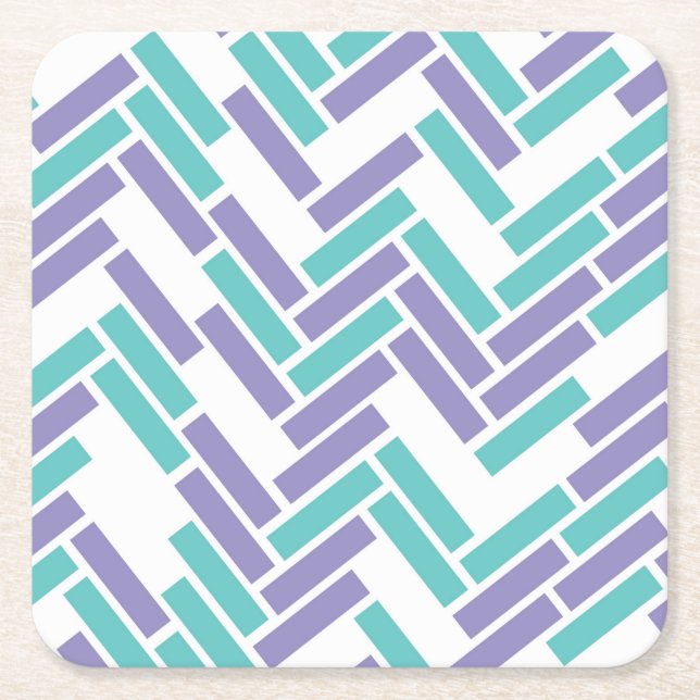 Geometrischer weißer, aquamariner und lila rechteckiger pappuntersetzer (Vorderseite)