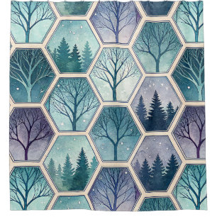 Geometrischer Winterwald – Bäume im Sechseck Duschvorhang