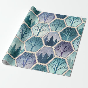 Geometrischer Winterwald – Bäume im Sechseck Geschenkpapier