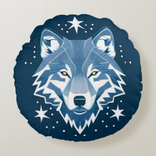 Geometrischer Wolf mit Sternen Mystische Dekoratio Rundes Kissen