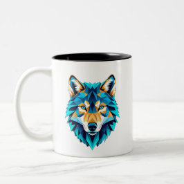 Geometrischer Wolfskopf – Neonblaues Low-Poly-Tier Zweifarbige Tasse