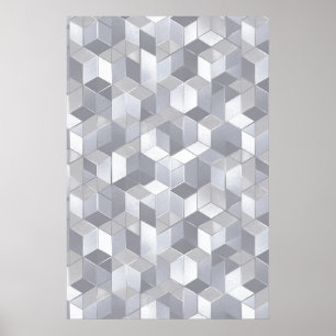 Geometrischer Würfel Grau Silber Abstraktes Muster Poster