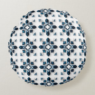 Geometrisches abstraktes Design in Blau und Weiß Rundes Kissen