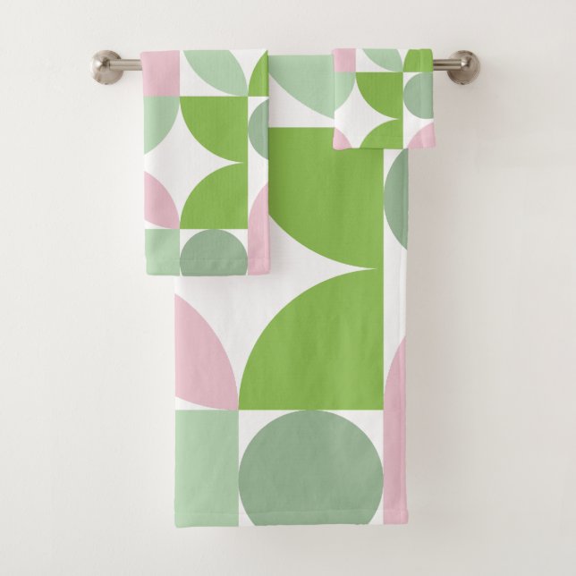 Geometrisches Abstraktes Muster Rosa und Grün Badhandtuch Set (Insitu)