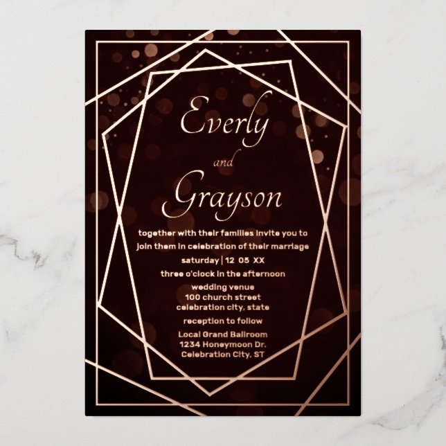 Geometrisches Abstraktes Rahmen Rose Gold Wedding Folieneinladung (Vorderseite)