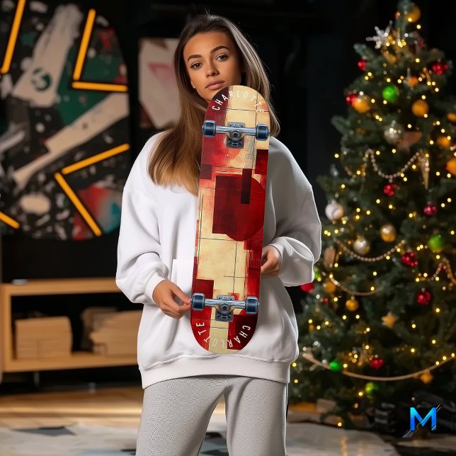 geometrisches abstraktes rotes und beige Skateboar Skateboard (Von Creator hochgeladen)