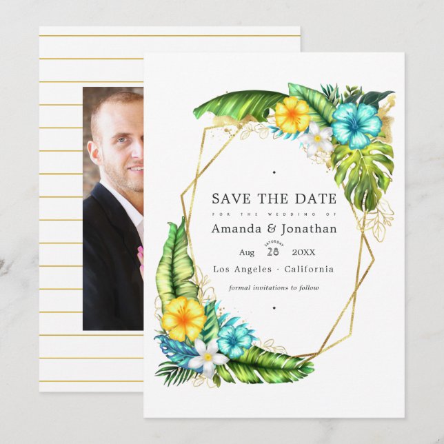 Geometrisches Aloha Tropical Summer Wedding Foto Einladung (Vorne/Hinten)