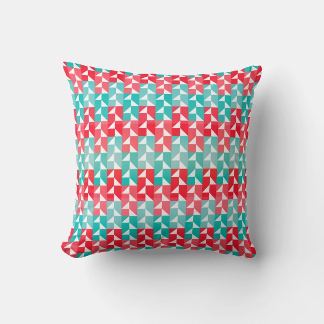 Geometrisches Aqua Blau und Rot Modernes Muster Kissen (Vorderseite)