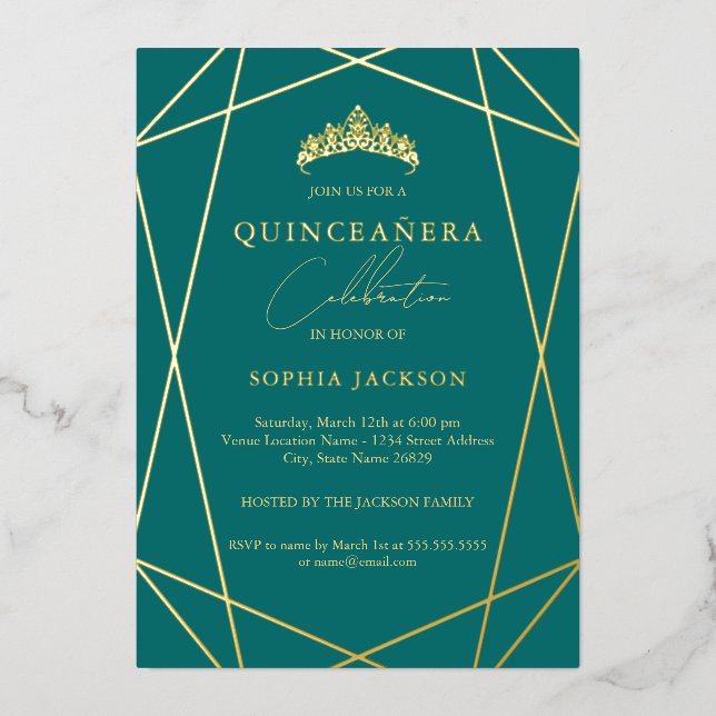 Geometrisches Aquamarines Gold Elegantes Quinceane Folieneinladung (Vorderseite)