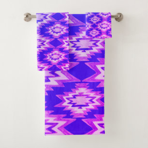 Geometrisches Aquarell-Boho-Blau-Lila-Muster Badhandtuch Set