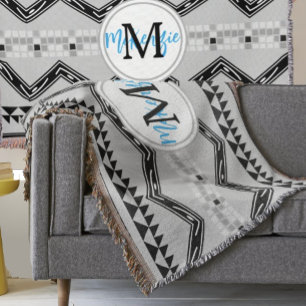Geometrisches Azteken-Schwarz-Grau-Monogramm-Muste Decke