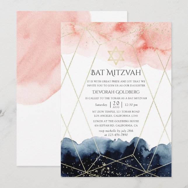 Geometrisches Bat Mitzvah für Schiffe und Wasserfa Einladung (Vorne/Hinten)