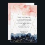 Geometrisches Bat Mitzvah für Schiffe und Wasserfa Einladung<br><div class="desc">Bat mitzvah Einladung mit marineblau und rot rosa Aquarellmalspritzen und einem goldenen geometrischen Rahmen.</div>