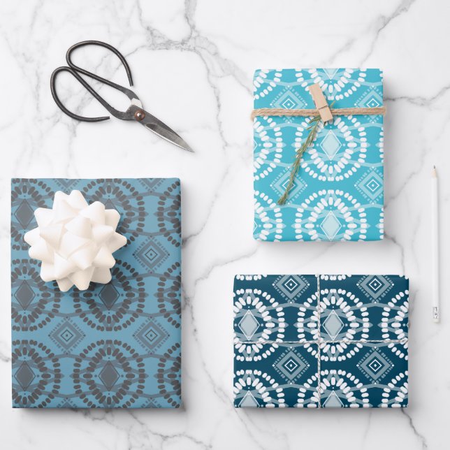 Geometrisches Batik-Krawatte-Dye-Blue-Varietätsack Geschenkpapier Set (Vorderseite)
