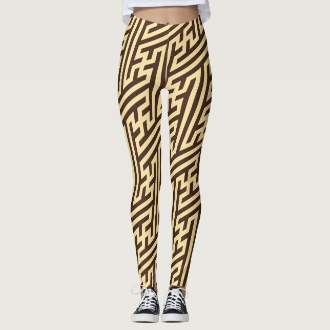 Geometrisches Beige Schwarzes Minimalmuster Leggings (Vorderseite)