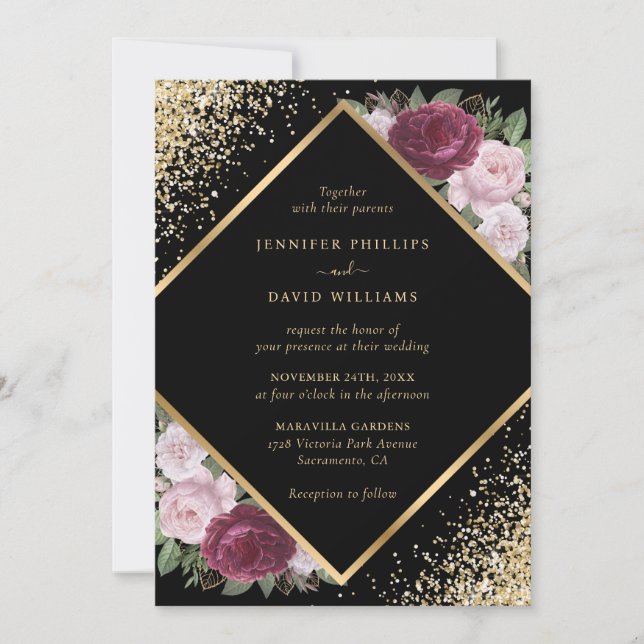 Geometrisches Black Burgundy Blush Gold Floral Wed Einladung (Vorderseite)