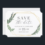 geometrisches Blattgold Save The Date<br><div class="desc">Das moderne Design mit goldfarbenem geometrischem Rahmen und wunderschönem Blattwerk in Aquarellfarben. Diese elegante rustikale Kollektion ist eine großartige Ergänzung zu einer Herbst- oder Frühjahrsheirat und bietet alle Produkte,  die Sie für Ihren besonderen Tag brauchen - speichern Sie die Daten,  Einladungen,  Tischplaner und mehr.</div>