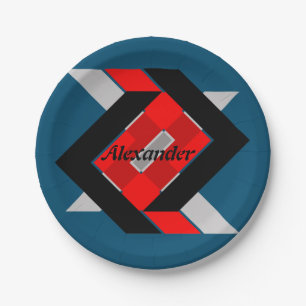 Geometrisches Blau Grau Rot Schwarz personalisiert Pappteller