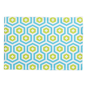 Geometrisches Blau Grün Sechseck- und Kreuzmuster Kissenbezug