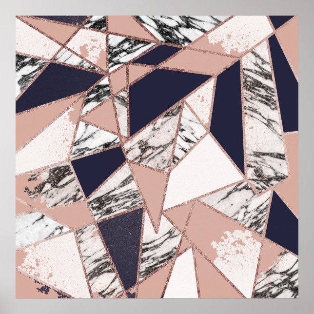 Geometrisches blaues Pfirsichmor und Rose Gold Poster (Vorne)