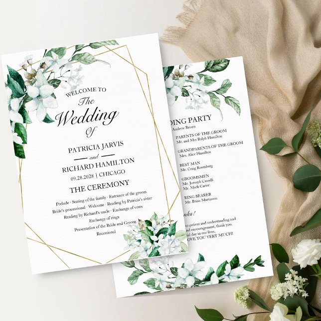 Geometrisches Blumengrün-Hochzeitsprogramm Programm (Von Creator hochgeladen)