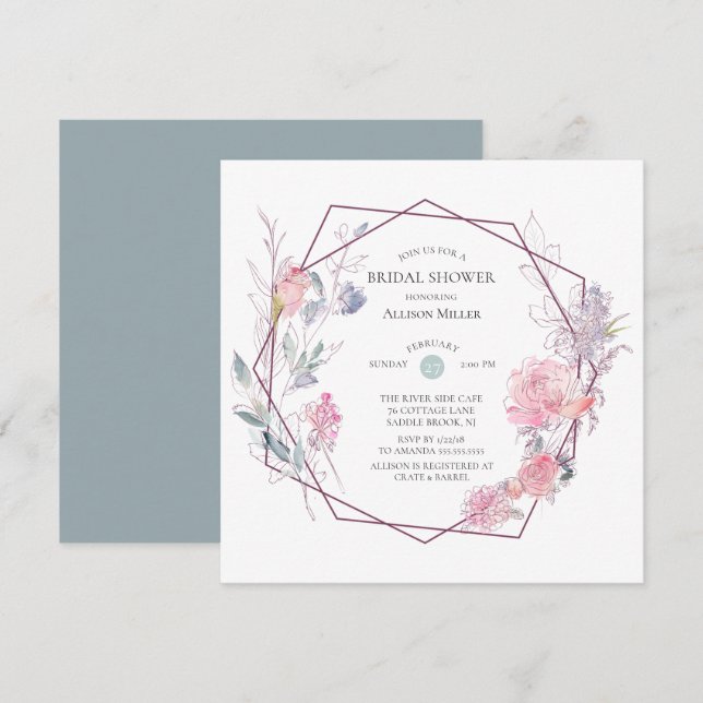 Geometrisches Blumenrahmen Bridal Dusche Einladung (Vorne/Hinten)