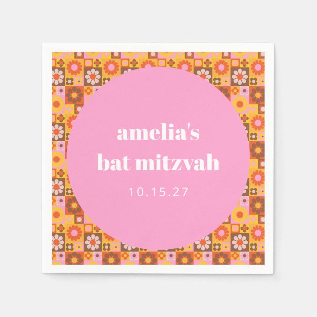 Geometrisches Blumenrosa Orange Bat Mitzvah Custom Serviette (Vorderseite)